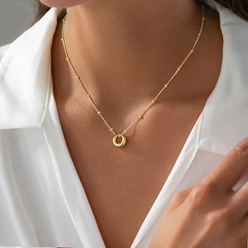 M MOOHAM Gold Necklace for Women Non Tarnish - Dainty 14K Gold Plated Beaded Chain Small Pendant Necklaces Simple Pearl Circle Beads Teardrop Pendant Necklace for Women Trendy Jewelry Gifts - color: Circle Pendant