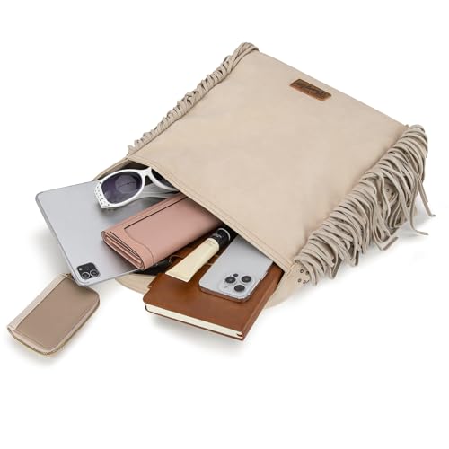 Wrangler Fringe Suede Hobo Bag for Women Leather Western Fringe Purse Tassel Hippie Shoulder Bag - color: Beige