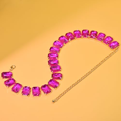 Fashionable Chunky Plated Tennis Rhinestone Statement Necklace Jewelry Set for Women Multicolor gem necklace with Great Sparkle and Shine Design for Women to Easy Match - color: fuchsia red square Rhinestone