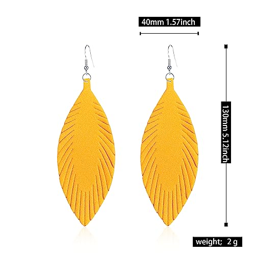 Large Genuine Soft leaf Leather Handmade Fringe Tassel Feather Lightweight Tear Drop Dangle Color Earrings for Women - color: Yellow