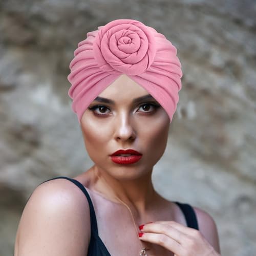 DRESHOW 5 Pack Knotted Headwraps for Women African Turban Pre-Knotted Beanie Headwraps Hair Covers - color: 5 Pack Donuts: Blue, Lake Green, Pink, Grey, Black