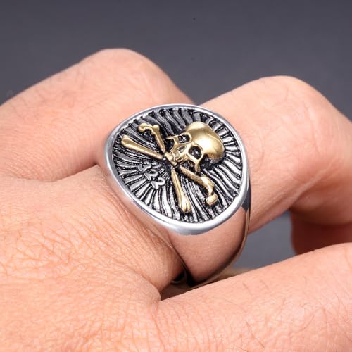 322 Skull and Bones Ring The Order of Death Titanium Steel The Eulogian Club Gothic Elite Heritage Biker Jewelry for Men - color: Gold