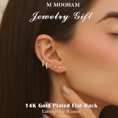 M MOOHAM Hypoallergenic Flat Back Earring Stack for Women Teen Girls, 14K Gold Plated Small Huggie Hoop Earrings Trendy Dainty Gold Cartilage Stud Earring Stacks Set Jewelry Gifts for Women Girls - color: 14K-Gold-Plated