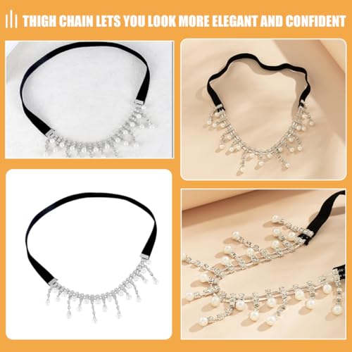 Lurrose Elastic Leg Chain Body Thigh Chain for Women with Full Rhinestone and Faux Pearl Tassel, Adjustable Body Jewelry Accessory for Fashion and Party Wear