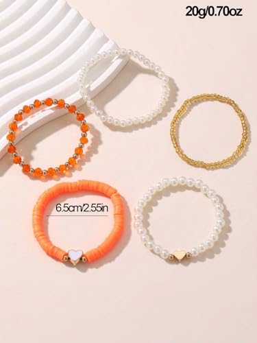 Caiyao Bohemia Multilayer Heart Imitation Pearl Beaded Stackable Bracelets Set Colorful Surfer Heishi Clay Gold Beads Stretch Bracelets for Women Men Summer Beach Boho Vacation Jewelry Gifts - color: Orange