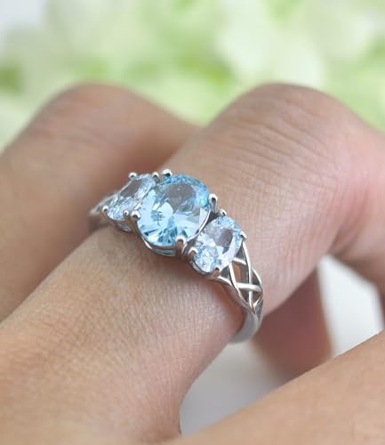 Celtic Birthstone Rings for Women 925 Sterling Silver Celtic Knot Ring 3-Stone Promise Rings for Her Wife Birthday Anniversary Wedding Jewelry - color: 12-Dec-Blue Topaz