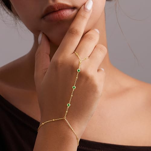 Poxtex Waterproof 14K Gold Plated Hand Chain Bracelet for Women, Non Tarnish Hypoallergenic Beaded Finger Ring Bracelet with Cubic Zirconia, Dainty Minimalist Boho Indian Style Stackable Wrist Body Jewelry for Summer Festival Vacation - color: Green (St.