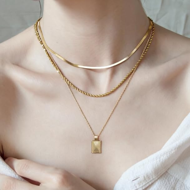 BBV Layered Gold Necklaces for Women Stackable Dainty 14K Gold Plated Silver Chain Necklace Layering Cute Fashion Pendant Choker Necklaces Trendy Jewelry Set Gifts for Women - color: golden, style: Rope twist snake chain O-ring chain texture