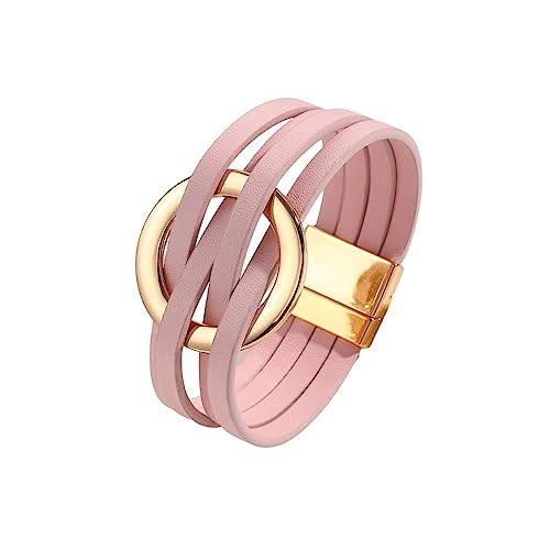 Fuqimanman2020 Circle Charm Leather Wrap Bracelet Boho Handmade Layered Cuff Bracelets for Women Teen Bohemian Multi Strand Bangle Bracelets Holiday Jewelry - color: pink