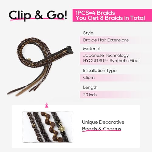 REECHO Clip in Braid Hair Extensions for Women, 20" Boho Dreadlock Clip in Braids with Beads & Charms, 2PCS Handmade Synthetic Braided Hairpieces for Cosplay Daily Styling, Dark Brown Mix - color: Dark Brown Mix, size: 20 Inch