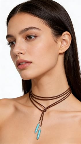 ONLYJUMP Boho Turquoise Leather Choker Necklace for Women Bohemian Handmade Leaf Layered Black Brown Suede Western Cowlady Necklace Western Country Party Jewelry Gifts - style: Brown