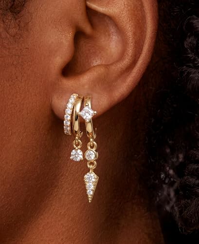 Triple Huggie Stacked Earrings for Women Gold Chain Drop Dangle Earrings Cute Statement CZ Earrings Trendy Dainty Jewelry Gift - color: Gold 8