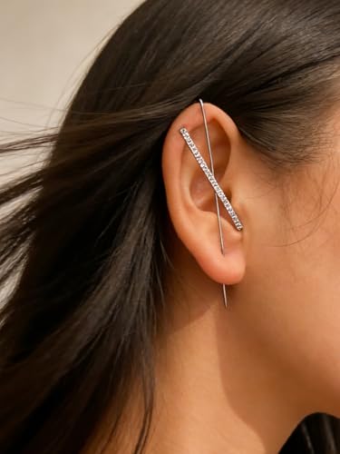 Ear Wrap Hook Earrings for Women Fashion Ear Cuff Crawler Earrings Silver Gold Long Piercing Crystal Curve Style Earring Stick Ear Wrap Earring Rhinestone Trendy Jewelry Gifts - color: slash-silver