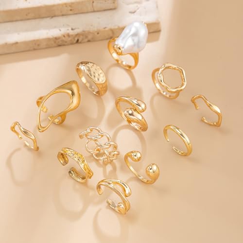 Chunky Gold Rings for Women Non Tarnish Boho Stackable Rings Set Adjustable Open Joint Finger Midi Knuckle Ring Packs - color: Gold Pearl Rings 12Pcs