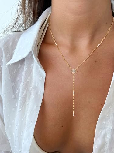 CHESKY Long Necklaces for Women, 14k Gold Plated/Streling Silver Lariat Necklace Dainty Statement Prom Necklace Rosary Cross Sun Drop Pendant Dangle Necklace Gold Prom Jewelry for Women Gifts - style: y necklace 07