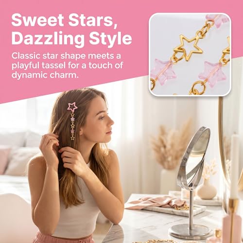 Pndeyo 2pcs Star Tassels Hair Clips for Women, Non-Slip 2000s Y2K Hair Snap Barrettes, Cute Star Beaded Pendant Hair Pin Accessories for Braid Long Short Thin Thick Hair- Pink - color: Pink-B Style