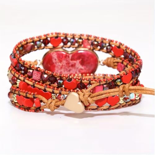 Women Wrap Bracelet Boho Natural Jasper Crystal Stone Beads Strand Bracelets - color: Red Heart