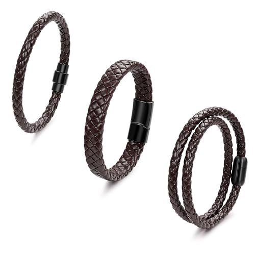 3Pcs Genuine Italian Braided Leather for Men Women Leather Wrist Cuff Bracelets Black Brown Stainless Steel Clasp Wrap Wristband 7.5-9 Inches - color: Brown