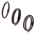 3Pcs Genuine Italian Braided Leather for Men Women Leather Wrist Cuff Bracelets Black Brown Stainless Steel Clasp Wrap Wristband 7.5-9 Inches - color: Brown