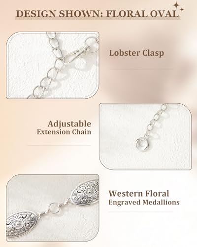 AWAYTR Chain Belt for Women – Adjustable Boho Metal Waist Chain Belt Gold Sliver for Dresses Jeans Country Concert Outfit - color: Sliver-floral Oval