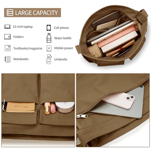 KALIDI Canvas Tote Bag Large Hobo Crossbody Shoulder Handbag Zipper Messenger Bag for Women or Men Casual College Work - color: Upgraded Brown