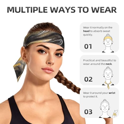 Sports Head Tie Westie Dogs Beach Summer Tropical Tie Sweatband Headband Men Women Elastic Bandana Adjustable Non-Slip Moisture Wicking for Running Football Yoga Workout Athletic Hair Ninja Head Band - color: Black And Gold Swirl Liquid Ink Marble