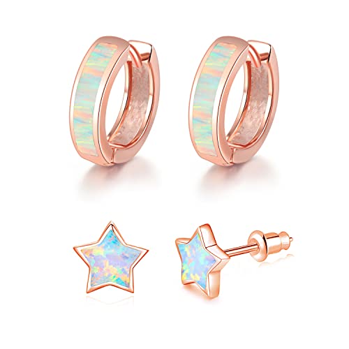 CiNily Huggie Earrings Opal Hinged Hoop Earrings Gold Plated Hypoallergenic Small Hoop Earrings for Women Teen Girls Men Sensitive Ears - color: Rose Gold-Rianbow White