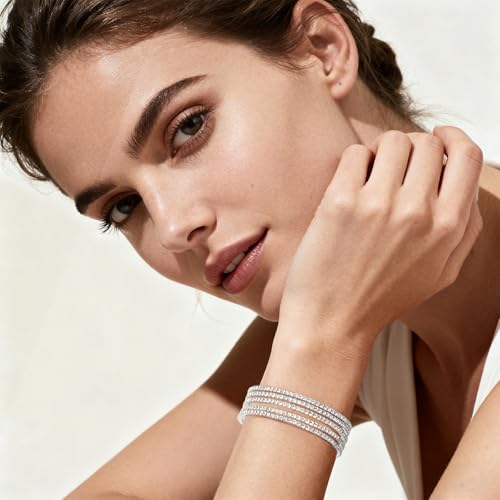 Women's Multi-Layer Rhinestone Cuff Bracelet Sparkling Crystal Tennis Bangle for Bridal Wedding Party - color: 1182 Silver