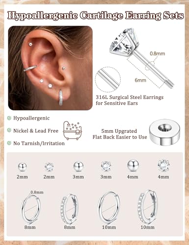 Jstyle 14K Gold Plated Stud Hoop Earrings for Women Hypoallergenic Surgical Steel Earring Stacks Silver Flat Back Earrings Trendy CZ Small Helix Cartilage Earring Sets for Multiple Piercing Jewelry