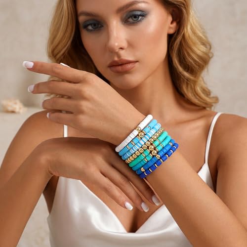 GOOJIDS Surfer Heishi Clay Bead Bracelets for Women Bohemian Stackable Gold Plated Beaded Stretch Bracelets Elastic Layering Friendship Bracelets Set Boho Jewelry - color: B-Blue New Set