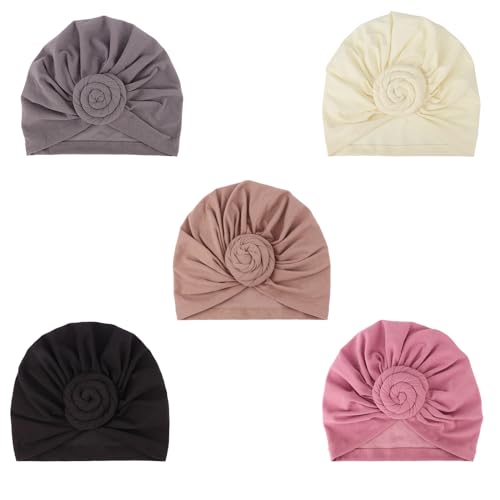 DRESHOW 5 Pack Knotted Headwraps for Women African Turban Pre-Knotted Beanie Headwraps Hair Covers - color: 5 Pack Donuts: White/Tan/Pink/Grey/Black