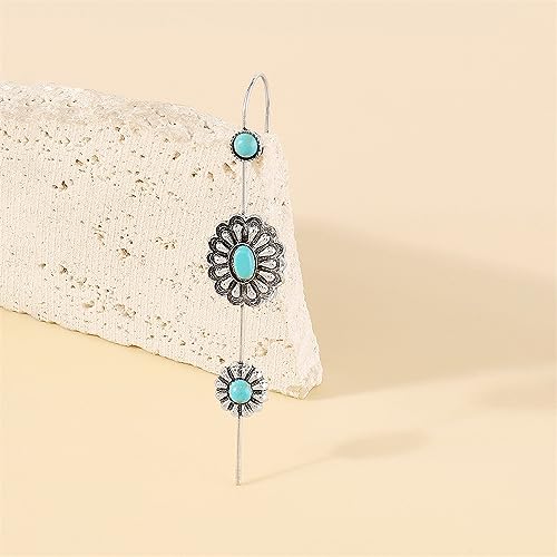 Turquoise Ear Wrap Crawler Hook Stud Earrings for Women Girls Silver Plated Blue Birthstone Flower Long Bar Piercing Ear Cuffs Boho Statement Earrings Bohemian Indian Bollywood Wedding Birthday Christmas Jewelry Gifts - style: Daisy