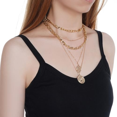 Gold Layered Necklace for Women Chunky Choker Coin Pendant Necklace Pirate Gold Jewelry Necklace 80s 90s