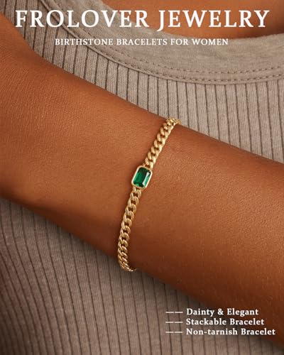 Birthstone Gold Bracelets for Women Non Tarnish Trendy 14k Gold Plated Bracelet Dainty Charm Emerald Bracelets Stack Cuban Link Friendship Bracelets Jewelry Gifts for Birthday/Valentine's Day - color: 05. May(Emerald)