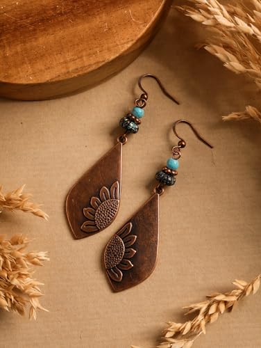 MINACHI Boho Antique Copper Tone Sunflower Teardrop Dangle Drop Earrings for Women with Turquoise Beads, Vintage Rustic Statement Jewelry Gift