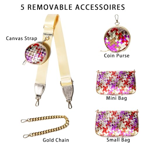 Handmade Woven Small Crossbody Bag for Women with Coin Purse, Designer Shoulder Handbag 3pcs Set, Mini Tote Clutch - color: Rose Multicolor