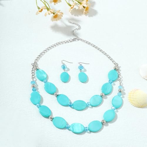2 Layered Chunky Beaded Shell Necklace for Women Sea Shell blue/yellow/red/green/turquoise/teal/white Statement Necklace and Earring Set Elegant Women Necklace Set Jewelry Sets for Women - color: Aqua blue
