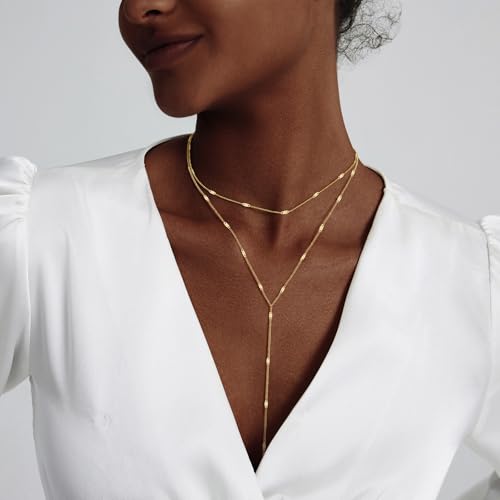 Luxval Lariat Silver Necklace for Women, Dainty Long Necklace Silver Y-Shaped Pendant Necklaces Trendy Beaded Chain Drop Necklaces Jewelry for Women Gifts - color: Gold-Shinny Layered