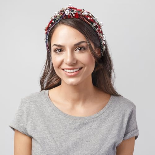 WantGor Pearl Knotted Headband, Women Rhinestone Embellished Hairband Elegant Wide Top Knot Bride Headbands Headpieces Party Fashion Elegant Ladies Hair Band Hair Hoop Accessories (Red Plaid) - color: Red Plaid