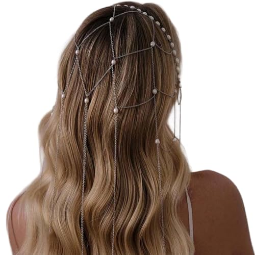 Multi-layered Tassel Pearl Headband Chain for Women Wedding Bridal Pearl Hair Clip Chain Headpiece Summer Beaded Headdress Jewelry for Prom Party - color: Silver