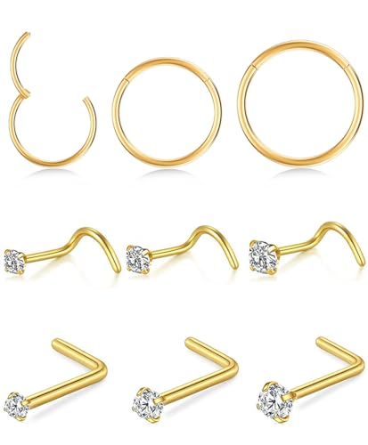 Opal Nose Ring Studs Horseshoe Nose Rings Hoops Stud 316L Stainless Steel Nose Rings Round CZ Square Screw L Shaped Nose Stud Hypoallergenic Nostril Piercing Jewelry for Women Men - color: Gold/9Pcs/G23 Titanium/Hoops and Studs Sets