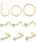 Opal Nose Ring Studs Horseshoe Nose Rings Hoops Stud 316L Stainless Steel Nose Rings Round CZ Square Screw L Shaped Nose Stud Hypoallergenic Nostril Piercing Jewelry for Women Men - color: Gold/9Pcs/G23 Titanium/Hoops and Studs Sets