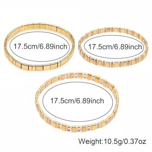 Tila Flat Square Stack Beaded Bracelets Set for Women Men, Boho 3Pcs Romantic Handmade Healing Gold Colorful Stretch Accessories Jewelry, Daily Vacation Party Holiday Friendship Gift - color: Different Gold