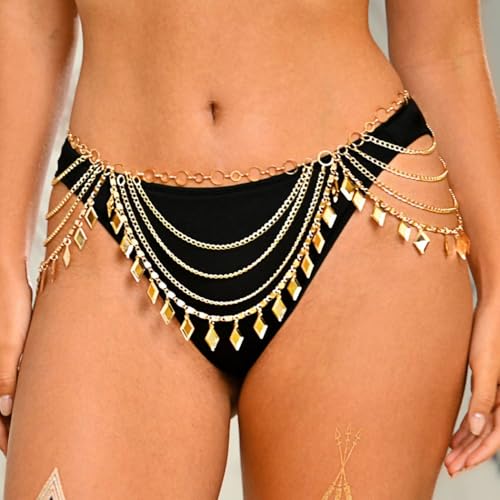 Brishow Gold Waist Chain Belt for Women Boho Layered Waist Chain with Charms Festival Hip Chain Body Jewelry for Beach, Bikini, Dance