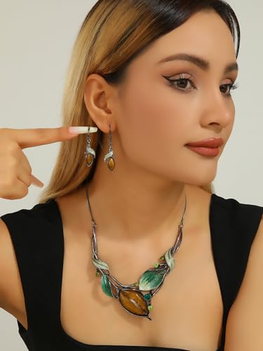 Vintage Chunky Statement Jewelry Set Retro Leaf Floral Geometric Bohemian Boho Bib Necklace Earring Set Fashion Costume Jewelry for Women Girls Wedding Party Prom Unique Gift - style: leaf resin JS black yellow-green