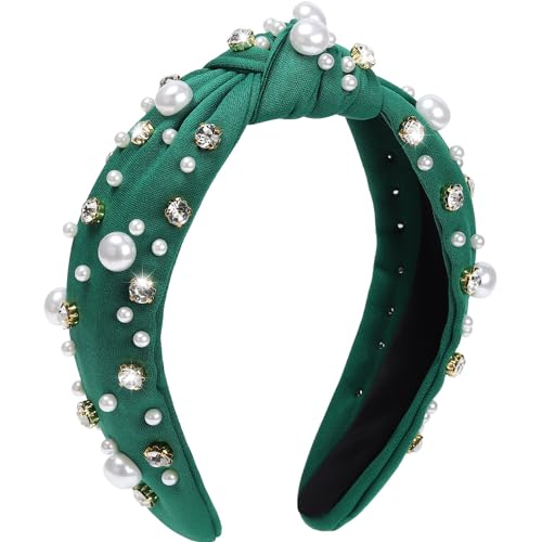WantGor Pearl Knotted Headband, Women Rhinestone Embellished Hairband Elegant Wide Top Knot Bride Headbands Headpieces Party Fashion Elegant Ladies Hair Band Hair Hoop Accessories (Green) - color: Green
