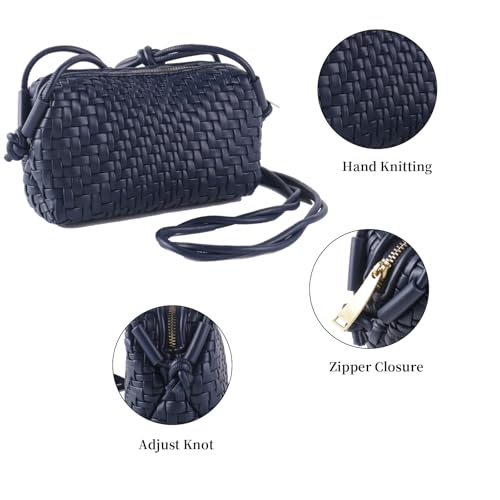 Woven Crossbody Bags for Women Handwoven Purses Vegan Leather Small Handbag Handmade Shoulderbag | Lightweight - color: Navy Blue