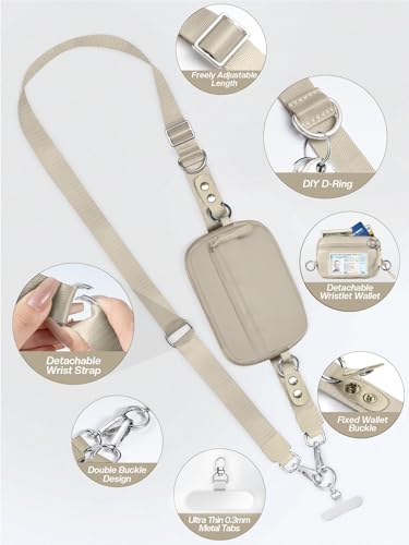 Tiostep Clip and Go Strap for Phone with Wallet Crossbody Phone Lanyard Adjustable and Detachable RFID Wristlet Wallet with ID Window and Zipper, Khaki - color: Khaki, size: Medium