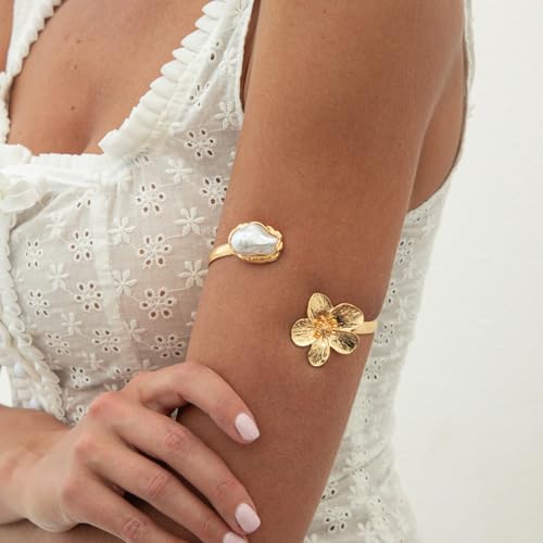 Arm Cuff for Women Gold Upper Arm Bracelet Minimalist Adjustable Cuffs Bangle Punk Dress Jewelry - style: Flower A