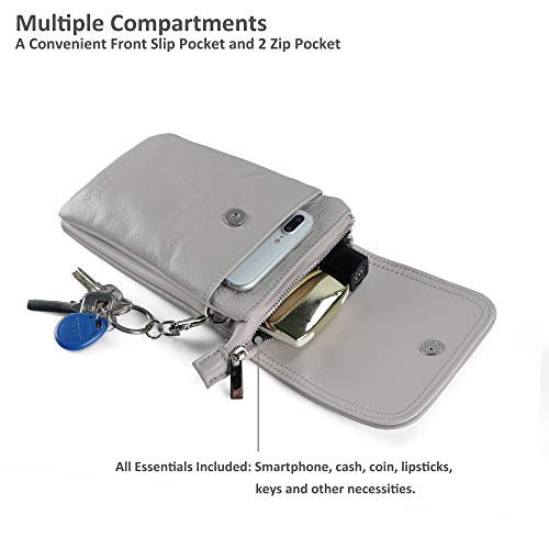 befen Genuine Leather Small Crossbody Bags for Women Cell Phone Bag Cross Body Purses,Silver Zipper - color: Beige Grey